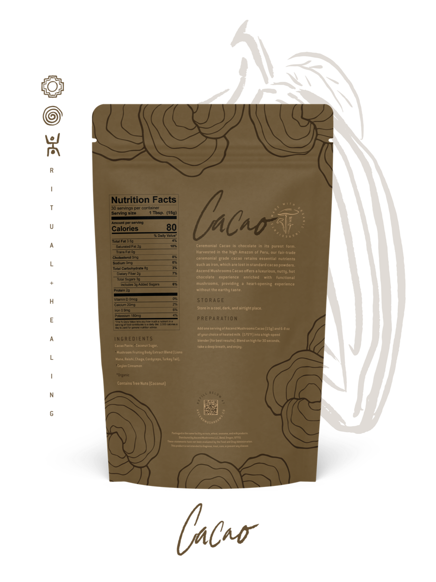 Back of the Ascend Cacao 30-serving bag with package details