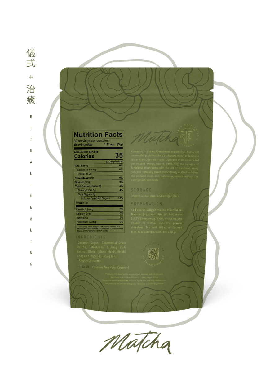 Back of the Ascend Matcha 30-serving bag with package details